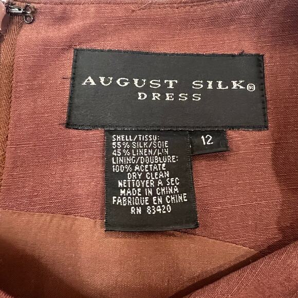 Vtg August Silk Linen Silk Blend Knee Length Sleeveless Dress Brown 12 - Picture 3 of 9